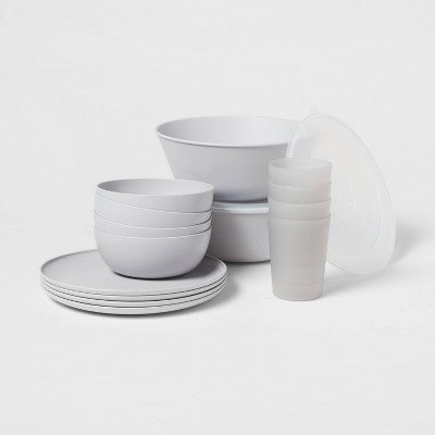 16pc Plastic Dishware Set Gray - Room Essentials™: Dinnerware, Microwave & Dishwasher Safe, Service For 4