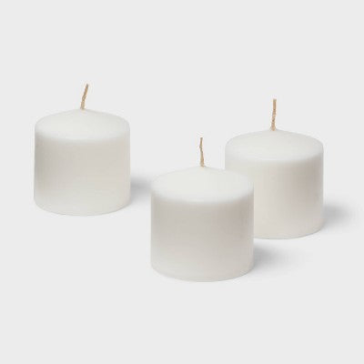 3" X 3" 3pk Unscented Pillar Candle Set White - Room Essentials™: Paraffin Wax, 30hr Burn Time