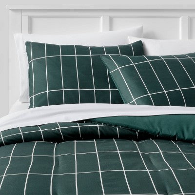  Grid Print Microfiber Reversible Comforter & Sheet Set Dark Green - Room Essentials™
