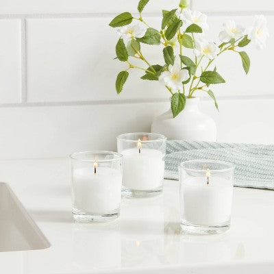  2.3" 8pk Unscented Votive Candle Set White - Room Essentials™: Paraffin Wax, Glass Holder, 15hr Burn Time