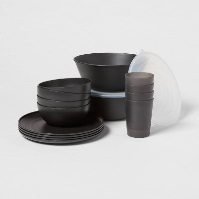  16pc Plastic Dishware Set Black - Room Essentials™: Dinnerware, Microwave & Dishwasher Safe, Service For 4