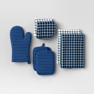  7pc Starter Kitchen Textile Set Dark Blue - Room Essentials™: Dish Towels, Hot Pads & Oven Mitts, Pot Holders, Kitchen Towels