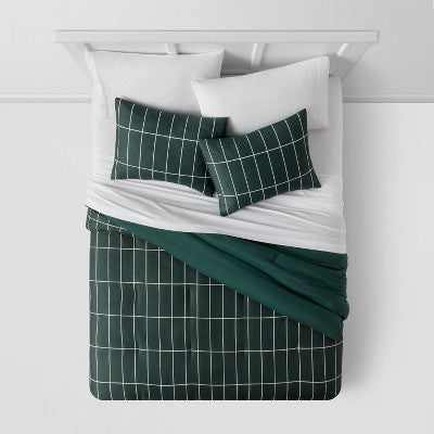  Grid Print Microfiber Reversible Comforter & Sheet Set Dark Green - Room Essentials™