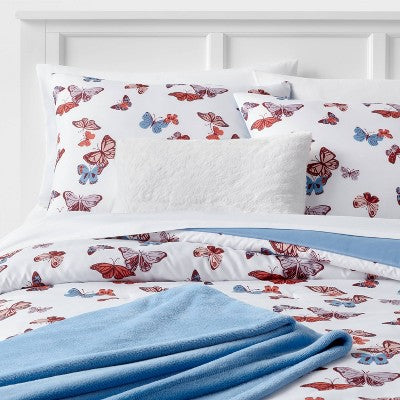  Butterfly Print Microfiber Decorative Bed Set With Throw Blue/Red/White - Room Essentials™