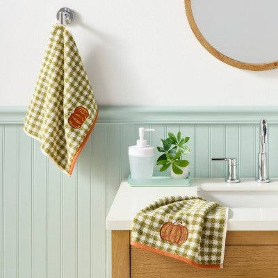  2pk Pumpkin Gingham Harvest Hand Towel Set Olive Green - Room Essentials™
