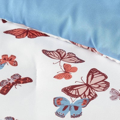  Butterfly Print Microfiber Decorative Bed Set With Throw Blue/Red/White - Room Essentials™