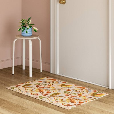  2'x3' Washable Leaf Harvest Scatter Woven Accent Rug Cream/Orange/Green - Room Essentials™