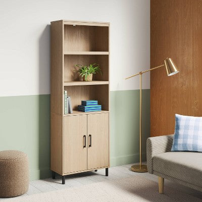  Mixed Material Library Bookcase With Doors Natural Wood - Room Essentials™