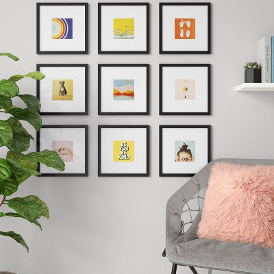  Set Of 9 Gallery Frame Set 10" X 10" Matted To 5" X 5" Black - Room Essentials™
