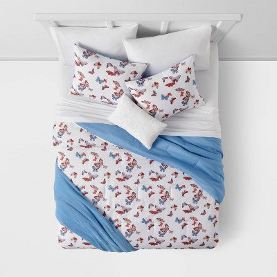  Butterfly Print Microfiber Decorative Bed Set With Throw Blue/Red/White - Room Essentials™
