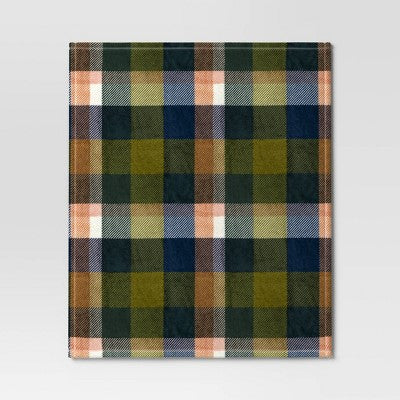  Printed Plaid Plush Throw Blanket Green Multi - Room Essentials™: Lightweight Knitted Fleece, 50x60, Machine Washable