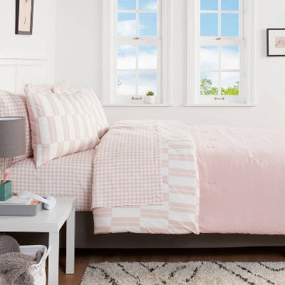  Dash Stripe Printed Microfiber Reversible Comforter & Sheets Set Ivory/Light Pink - Room Essentials™
