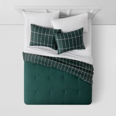  Grid Print Microfiber Reversible Comforter & Sheet Set Dark Green - Room Essentials™