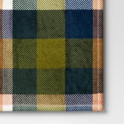  Printed Plaid Plush Throw Blanket Green Multi - Room Essentials™: Lightweight Knitted Fleece, 50x60, Machine Washable